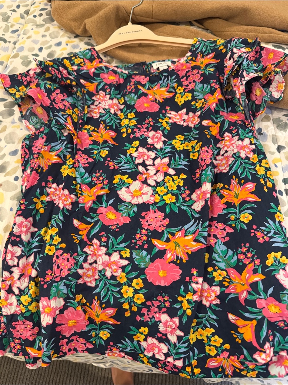 Jcrew women’s Floral Navy flutter sleeve top with Pink & Yellow Blooms